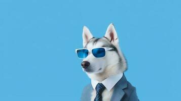 Photo of haughty siberian husky using glasses  and office suit on white background. Generative AI