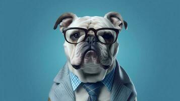 Photo of haughty Bulldog using glasses  and office suit on white background. Generative AI