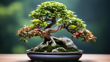 Photo of bonsai in minimalist pot as houseplant for home decoration isolated on blurry background.