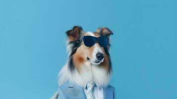 Photo of haughty rough collie dog using sunglasses  and office suit on white background. Generative AI