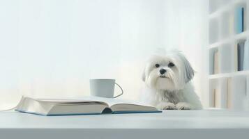 a lhasa apso dog in a sweater sits studying accompanied by a cup and piles of books. Generative AI photo