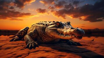 Photo of Crocodile on savanna at sunset. Generative AI