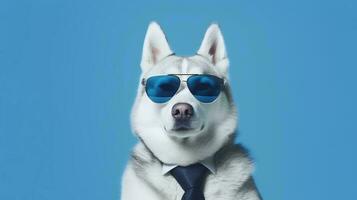 Photo of haughty siberian husky using glasses  and office suit on white background. Generative AI