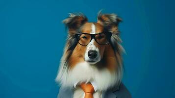 Photo of haughty rough collie dog using sunglasses  and office suit on white background. Generative AI