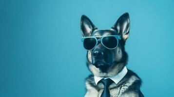 Photo of haughty german shepherd using sunglasses  and office suit on white background. Generative AI