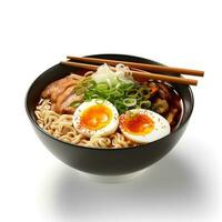 Food photography of Ramen on brown bowl isolated on white background. Generative AI photo