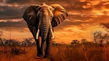 Photo of Elephant on savanna at sunset. Generative AI