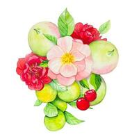 Fruit bouquet with apples, oranges, peaches, red and pink flowers. watercolor vector