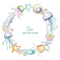 Sea wreath of marine animals, jellyfish, fish, starfish, shells. watercolor vector