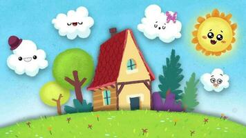 Funny house in the country with sun and clouds, children's style video