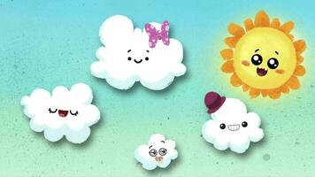 Transition between day and night with sun moon and clouds with different expressions. Children's illustrations video