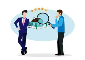 Property appraisal or price evaluation, housing assessment for market value, residential sale, rating or real estate review concept, businessman appraiser magnifier review property with star rating. vector