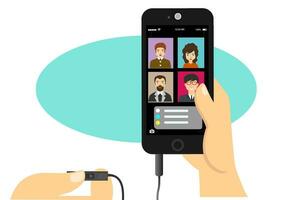 Video conferencing from a smartphone. Work team talking to each other on screen. Vector flat illustration