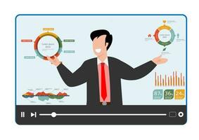 explicador vídeo en línea tutorial o formación curso, pericia explicando negocio estrategia en línea, película o educación vídeo acortar, empresario experto explique negocio tarta gráfico en vídeo interfaz vector