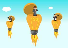 Entrepreneur open lightbulb idea using binoculars to see business vision. Creativity to help see business opportunity, vision to discover new solution or idea, curiosity, searching for success concept vector