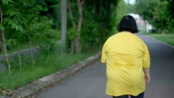 ásia mulher com baixa síndrome caminhando para exercício dentro a parque. video