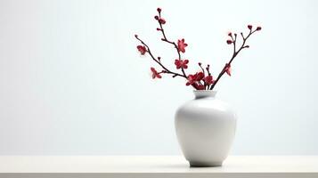 Photo of plum blossom in minimalist pot as houseplant for home decoration on white table on bright background. Generative AI