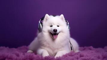 foto de Samoyedo utilizando auricular en púrpura antecedentes. generativo ai