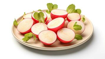 Photo of Rutabaga sliced pieces on minimalist plate isolated on white background