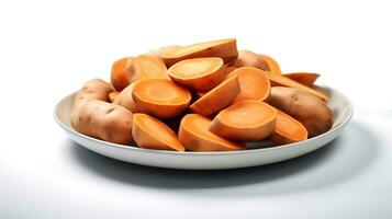 Photo of Sweet potatoes sliced pieces on minimalist plate isolated on white background