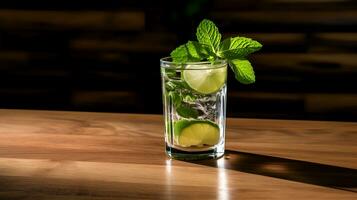 Food photography of mojito on wooden table. Generative AI photo