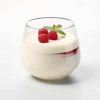 Food photography of Panna cotta on glass isolated on white background. Generative AI photo