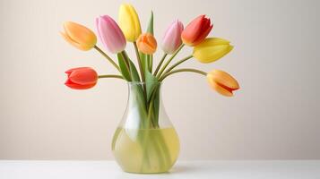 Photo of tulips in minimalist transparent vase as houseplant for home decoration on warm color background. Generative AI