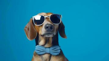 Photo of haughty dachshund using sunglasses  and office suit on white background. Generative AI