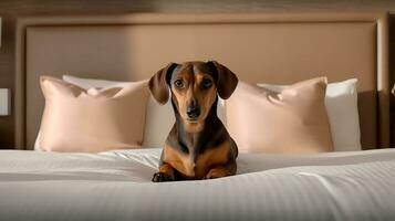 dachshund dog lying on bed in hotel with contemporary interior design. Generative AI photo