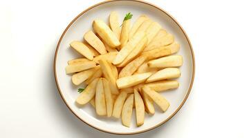 Photo of Parsnips sliced pieces on minimalist plate isolated on white background