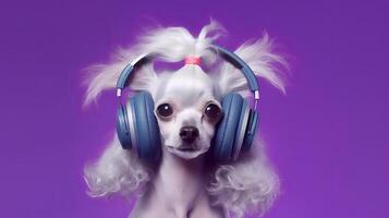 Photo of poodle dog using headphone  on purple background. Generative AI