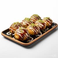 Food photography of takoyaki on plate isolated on white background. photo