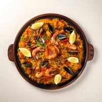 Food photography of Paella on plate isolated on white background. Generative AI photo