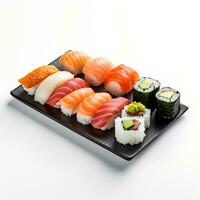 Food photography of Sushi on board isolated on white background. Generative AI photo