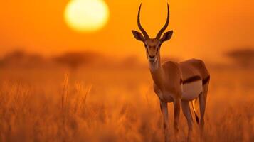 Photo of Gazelle on savanna at sunset. Generative AI