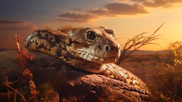 Photo of African Python on savanna at sunset. Generative AI