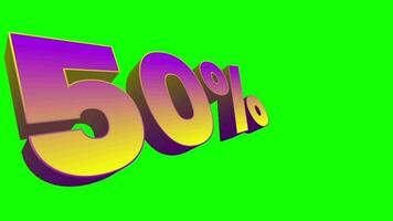 Save Up To 50 percent text effect green isolated background. animated text effect with purple and yellow colors video