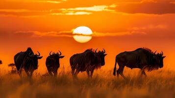 Photo of Wildebeest on savanna at sunset. Generative AI