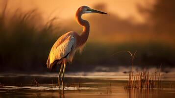 Photo of Goliath Heron on savanna at sunset. Generative AI