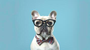 Photo of haughty Bulldog using glasses  and office suit on white background. Generative AI