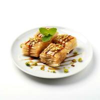 foto de baklava en plato aislado en blanco antecedentes. creado por generativo ai
