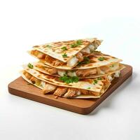 Photo of Chicken Quesadilla on wooden board isolated on white background. Created by Generative AI