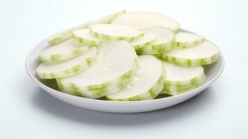 Photo of Kohlrabi slices on a plate isolated on white background