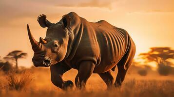 foto de rinoceronte en sabana a puesta de sol. generativo ai