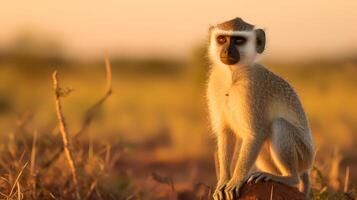 Photo of Vervet Monkey on savanna at sunset. Generative AI