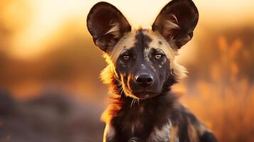 Photo of African Wild Dog on savanna at sunset. Generative AI