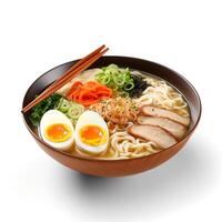 Food photography of Ramen on brown bowl isolated on white background. Generative AI photo