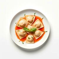 Food photography of Ravioli on plate isolated on white background. Generative AI photo