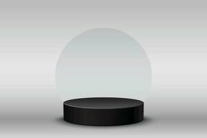 3D black cylinder pedestal podium with circle scene background. Abstract minimal scene for products stage showcase, Promotion display. Vector geometric forms. -16.9 aspect ratio