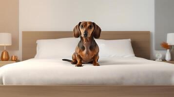 dachshund dog lying on bed in hotel with contemporary interior design. Generative AI photo